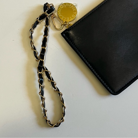 Stella McCartney NWOT Black Logo Zip Pouch Wristlet Gold Medallion Clutch